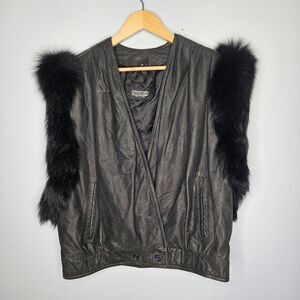 Vtg ANNE-GEE Black Leather Vest Fur Trim Medium Glam Rock European Boho Gothic